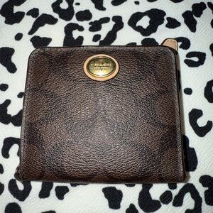 Coach Dark Brown Leather Wallet with Gold Accent